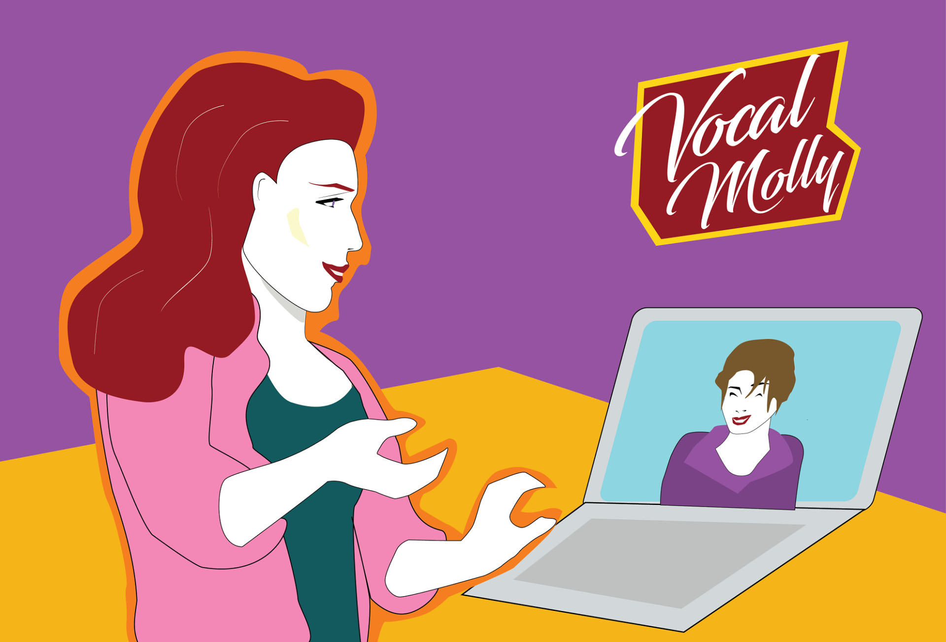 Illustration of a woman taking an online voice lesson on a laptop with the Vocal Molly logo.